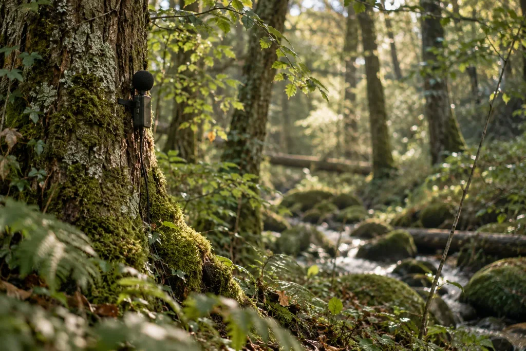 Petit enregistreur acoustique fixé à un arbre dans une forêt, illustrant l’écoacoustique, le paysage sonore naturel et pourquoi les sons de la nature nous apaisent.