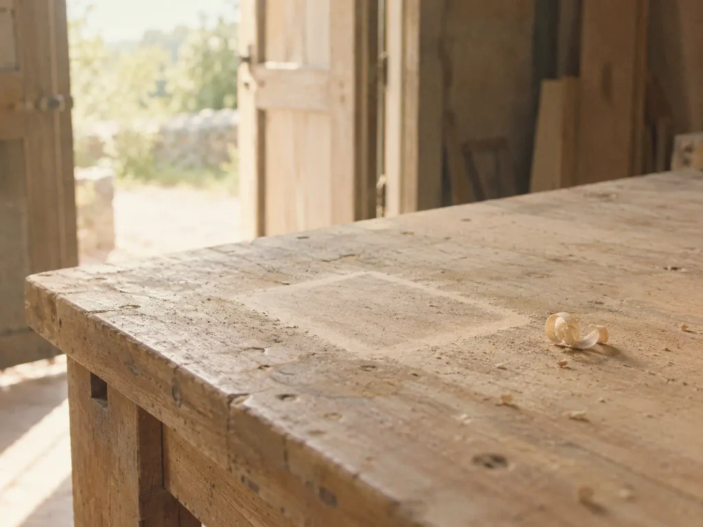 Établi en bois presque vide avec la trace claire d’un objet disparu et une porte ouverte, symbole de la seconde moitié de la vie, de la transmission et du fait de laisser partir ce que l’on a construit.