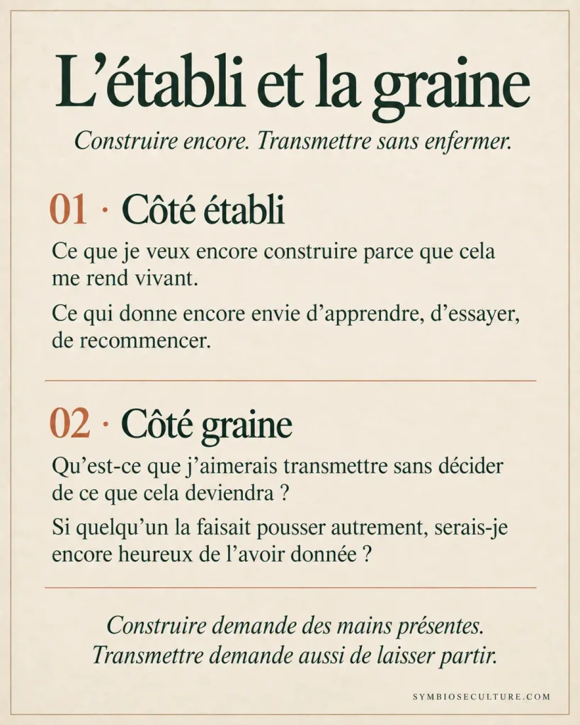 Infographie « L’établi et la graine » sur la seconde moitié de la vie : continuer à construire ce qui nous rend vivant et transmettre sans imposer ce que l’autre doit en faire.